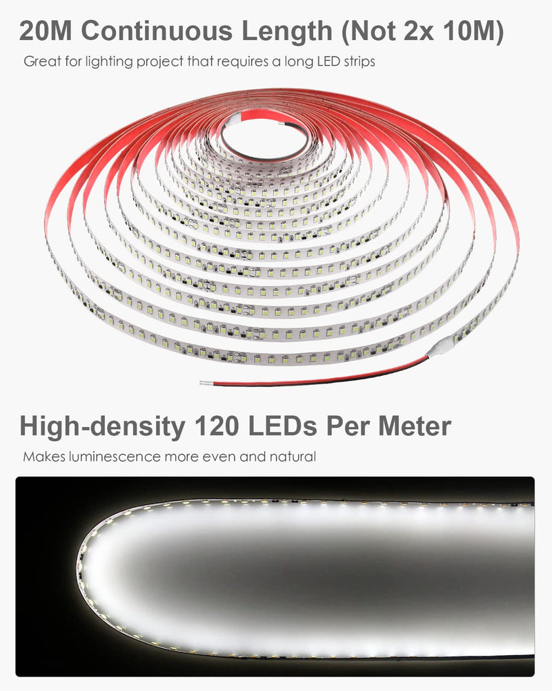 ALITOVE 65.6ft White LED Strip Lights Daylight 6000K 24V Ultra-Bright 120LEDS/M High-Density LED Flexible Light Strip 20M 2400 LEDs 2835 SMD Commercial Grade Rope Lights (No Power Adapter) Daylight White SMD 20M IP20