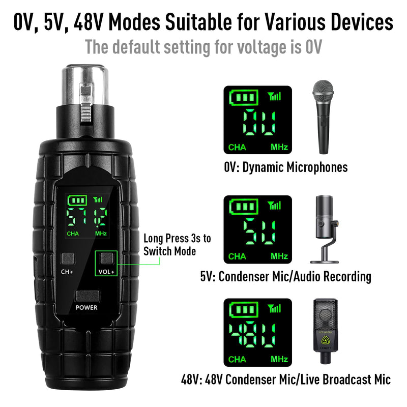 48V Phantom Power Wireless XLR Transmitter Receiver - 0V/5V/48V Switchable Adapter for Dynamic & Condenser Microphones - 16CH UHF System for Mixer PA DJ Guitar