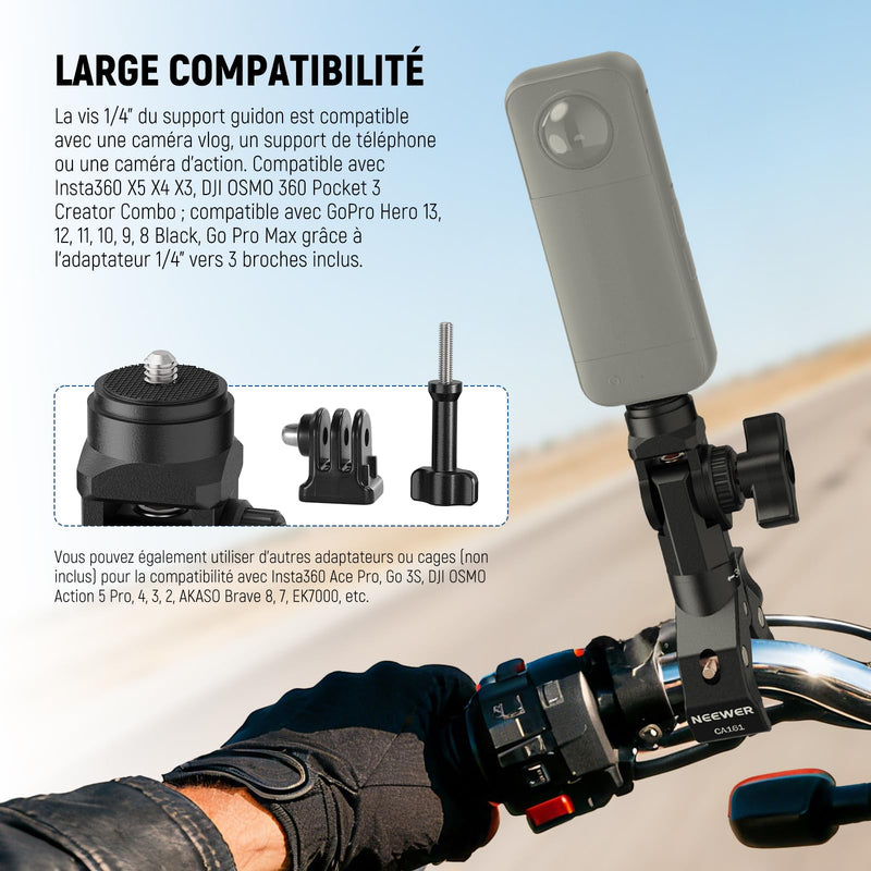 NEEWER Motorcycle Bike Handlebar Clamp Mount, Heavy Duty Clip Holder, 1/4" Screw & 3 Prong Adapter Compatible with Insta360 X5 X4 GoPro Hero 13 12 POV Video Recording, 360° Rotation & 270° Tilt, CA161