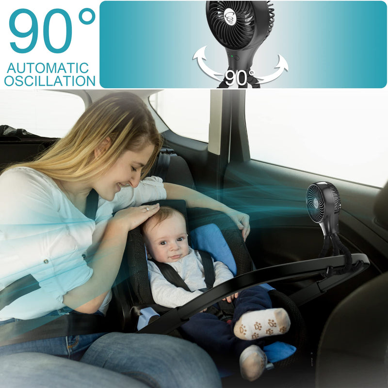 Auto Oscillating Stroller Fan, Battery Operated Fan, Portable Fan with Flexible Tripod, Ultra Quiet USB Desk Fan for Stroller/Car Seat/Treadmill/Camping/Hurricane/Outage, Black