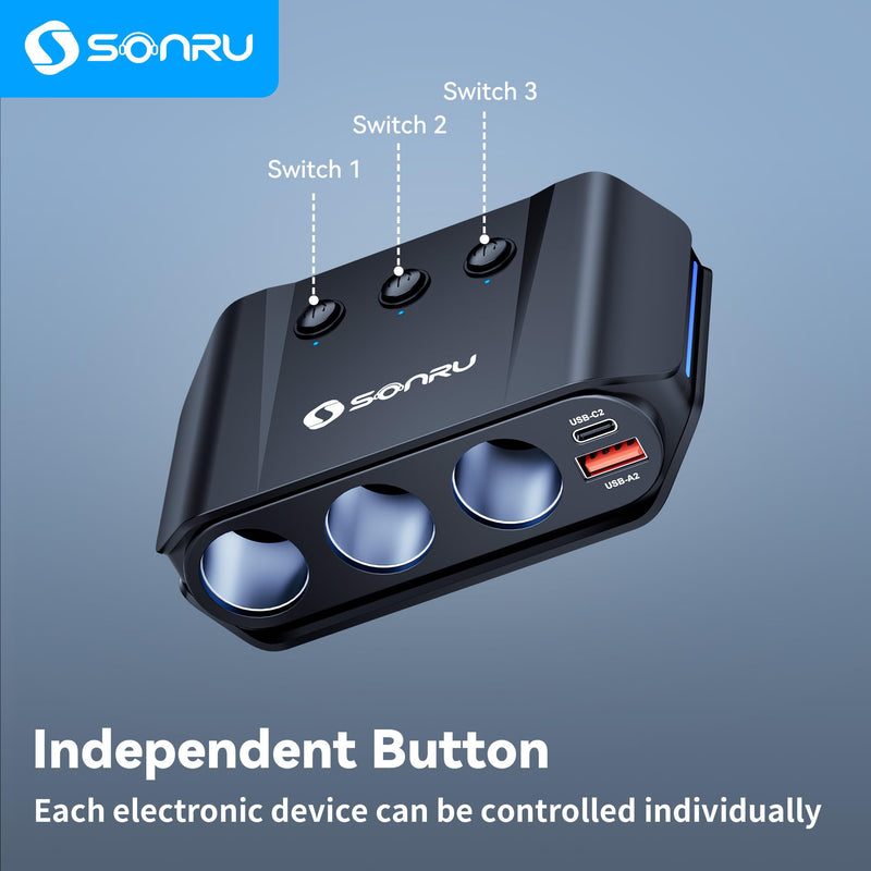 7 in 1 Cigarette Lighter Splitter,SONRU 180W (Max 192W) Car Charger Adapter | Dual PD 36W/QC3.0,24V/12V 3-Sockets Fast Charge for iPhone GPS Dash Cam Car Accessories,Independent Switch Voltage Display black1
