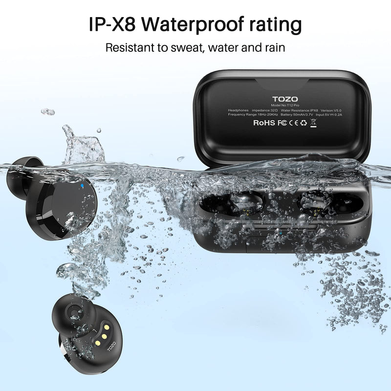 TOZO T12 Pro Wireless Earbuds with Qualcomm QCC3040, aptX Stereo Sound | 4 Mics CVC 8.0 Call Noise Cancelling Ear Buds, 2500mAh Wireless Charging Case, IPX8 Waterproof, 10mm Drivers, Premium Audio Black