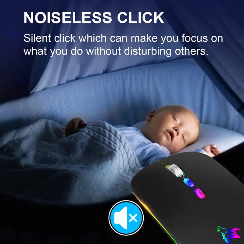 [AUSTRALIA] - HOTLIFE LED Wireless Mouse, Slim Rechargeable Silent Portable USB Optical 2.4G Wireless Bluetooth Two Mode Computer Mice with USB Receiver and Type C Adapter (Black) Black 