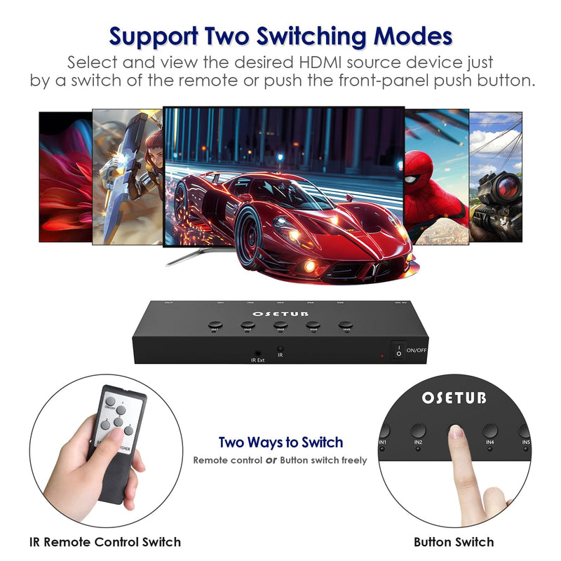 4K@60Hz 5 in 1 Out HDMI Switch, 5 Port HDMI Switcher Selector Support HDR10 & HDCP 2.2 & Full 3D with IR Remote Control Compitable with Nintendo Switch,Xbox PS5/4,Fire Stick,Roku,Apple TV for Gaming 4K@60Hz 5 in 1 Out HDMI Switch Upgraded