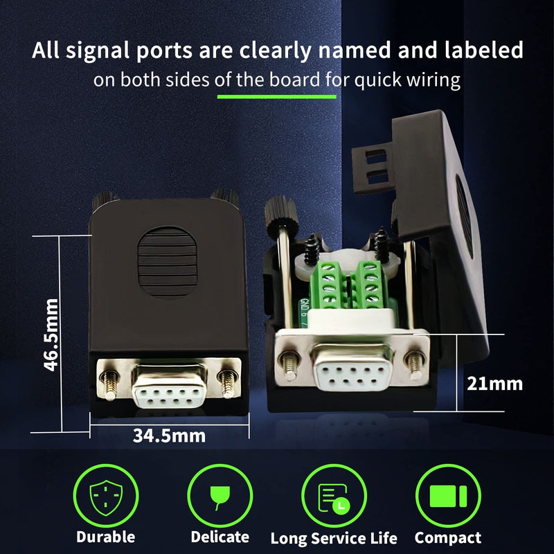 CenryKay DB9 Solderless Connector 9-pin Port Terminal Male Adapter Connector Breakout Board with Case Long Bolts Tail Pipe (2PCS Female) 2Female