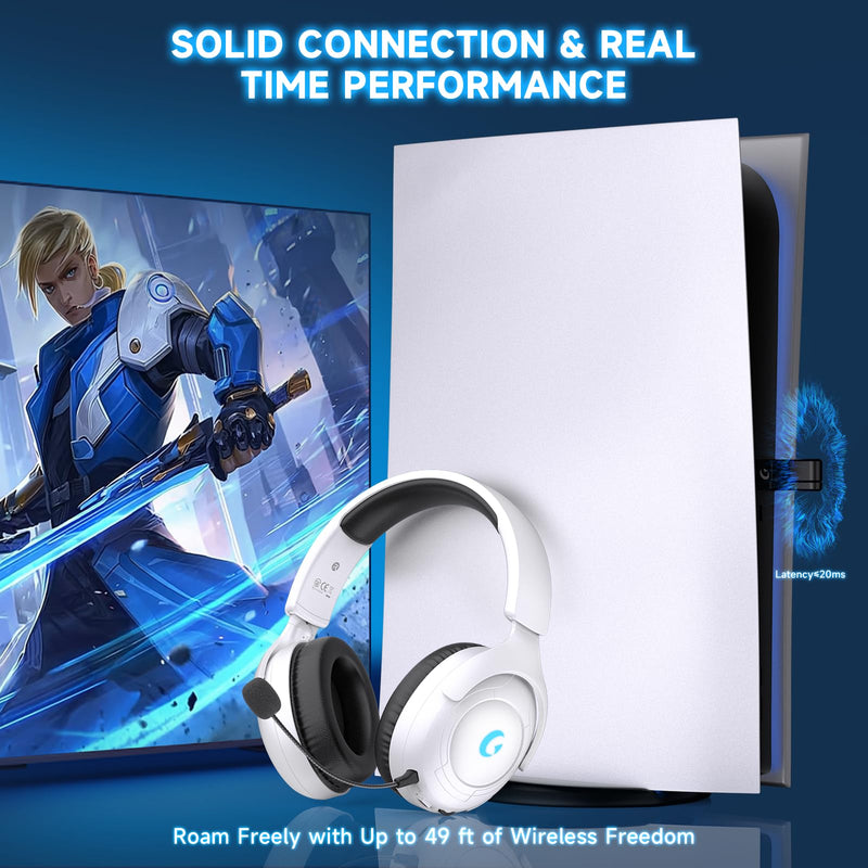 Wireless Gaming Headset for PS5/PS4,PC,Switch,Mac, 2.4GHz Gaming Headset with Mic, 45H Battery, Surround Sound, Noise Cancelling Over Ear Headphones Bluetooth 5.3, for Xbox Needs 3.5mm Cable - White