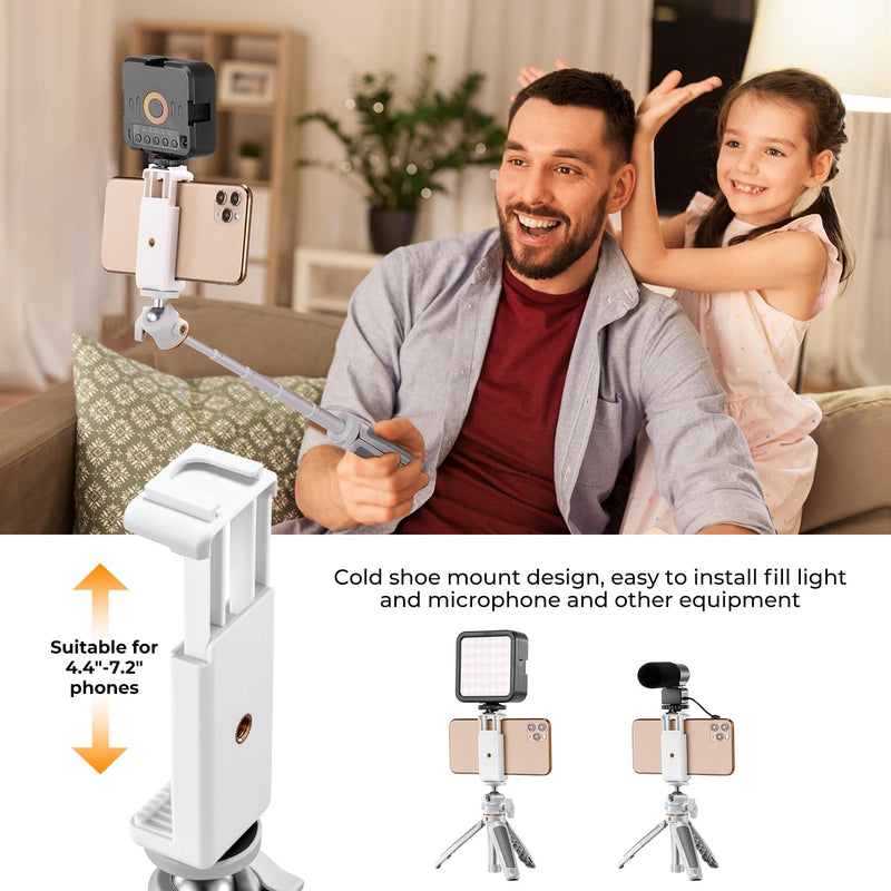 K&F Concept Selfie Stick Tripod, 360 Degree Rotation Mini Phone Stand with Ball Head and Cold Shoe Mount, Cellphone Holder with Wireless Remote for Smartphone White
