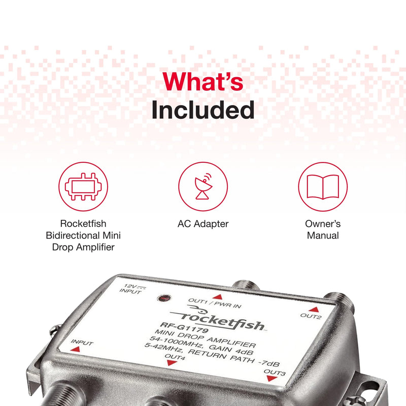 Rocketfish 4 Output Coaxial Amplifier - Coaxial Connection Amplifier for Cable TV & Modems - Antenna Amplifier with LED Power-On Indicator & 2-Way Frequency Range - Amplifier Prevents Signal Loss