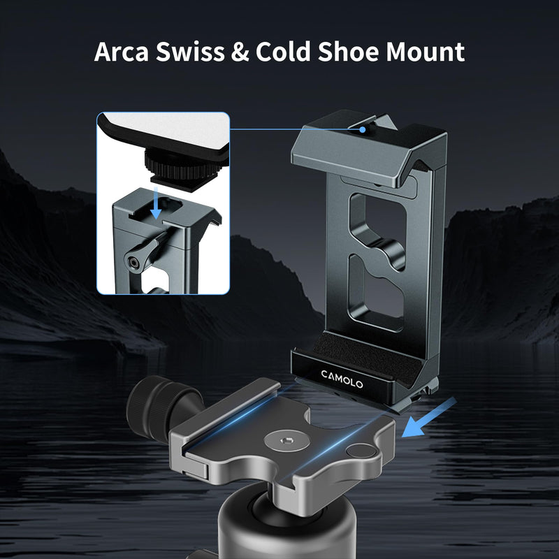 [AUSTRALIA] - Metal Phone Tripod Mount Arca Port & Action Camera Adapter, Adjustable Smartphone Tripod Adapter Clamp Cell Phone Stand Holder Compatible with iPhone Plus PRO Max GoPro Samsung Galaxy Motorola Pixel 