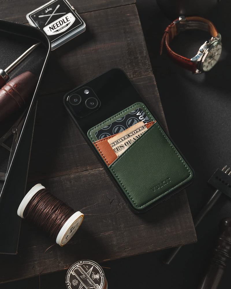 VULKIT Phone Card Holder Wallet Leather Adhesive Pocket RFID Blocking Credit Card Sleeves Stick Back of Phone Smartphones Green