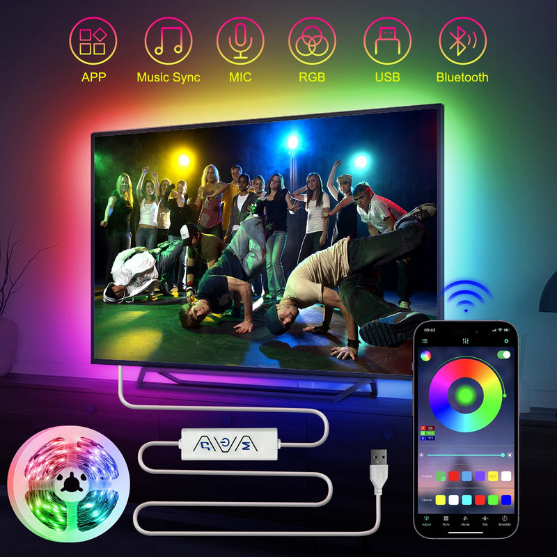 HOUHUI LED Strip Lights, 13.12Ft RGB LED Lights for 32-65 Inch TV Behind, Music Sync App Control LED Strip for TV Backlight, USB Plug-in Bias LED Lights for Bedroom Monitor PC Game Cabinet Desk Shelf