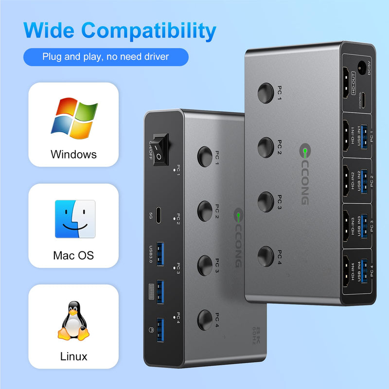 5Gbs HDMI KVM Switch 1 Monitor 4 Computers KVM Switches 8K@60Hz | 4 Port with 3 USB 3.0 and 1 USB C Ports Share Keyboard Mouse Hard Drives Printer with 4 USB Cables and Desktop Controller Space Gray 4 PC 1 Monitor