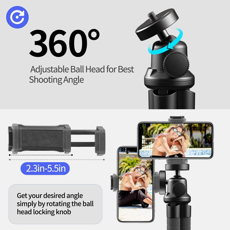 Aureday Phone Tripod, Flexible Tripod for iPhone and Android Cell Phone, Portable Small Tripod with Wireless Remote and Clip for Video Recording/Vlogging/Selfie Black