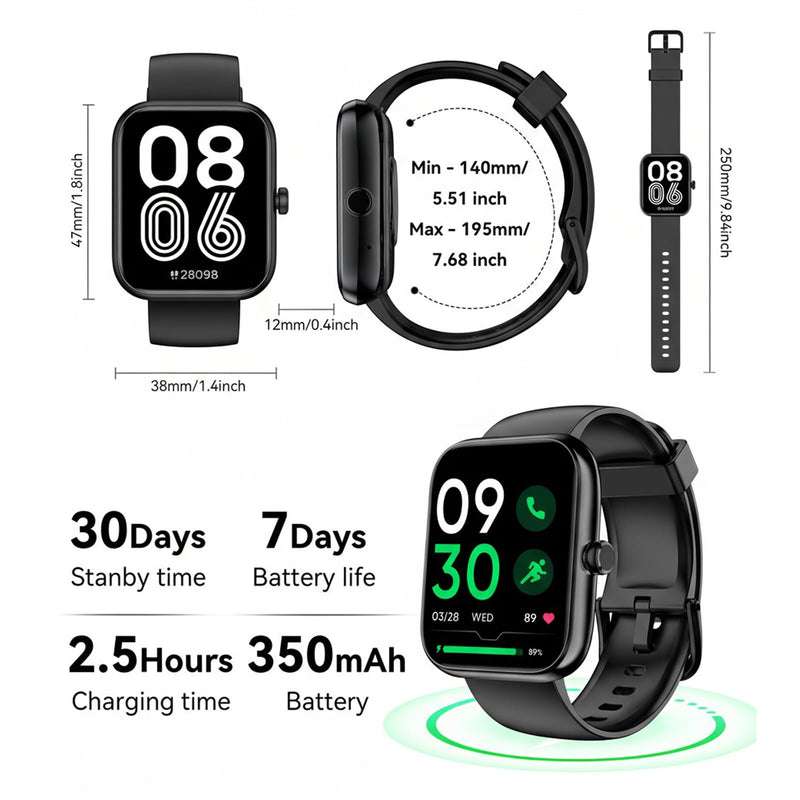 Smart Watch with Alexa Built-in, Bluetooth Calls/Notifications, 1.83" HD Health Fitness Tracker, 24/7 Heart Rate and Sleep Tracking, 120+ Sports Modes, IP68 Waterproof for iPhone and Android (Black)