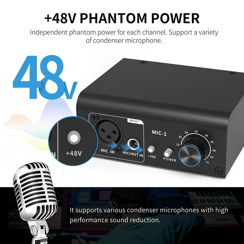 XTUGA XIC1 Microphone Preamp for Dynamic and Condenser Microphones Booster with 2 Input Max 75db Gain 48V Phantom Power XLR Output