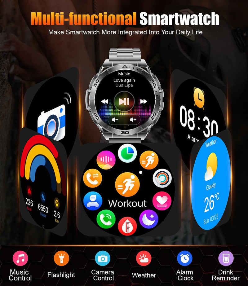 LIGE Military Smart Watch for Men, 1.6'' AMOLED Rugged Smart Watch with 600mAh Battery/Heart Rate/Blood Pressure/Sleep Monitor,IP68 Waterproof Fitness Tracker Watch for Android iPhone Gery Gray