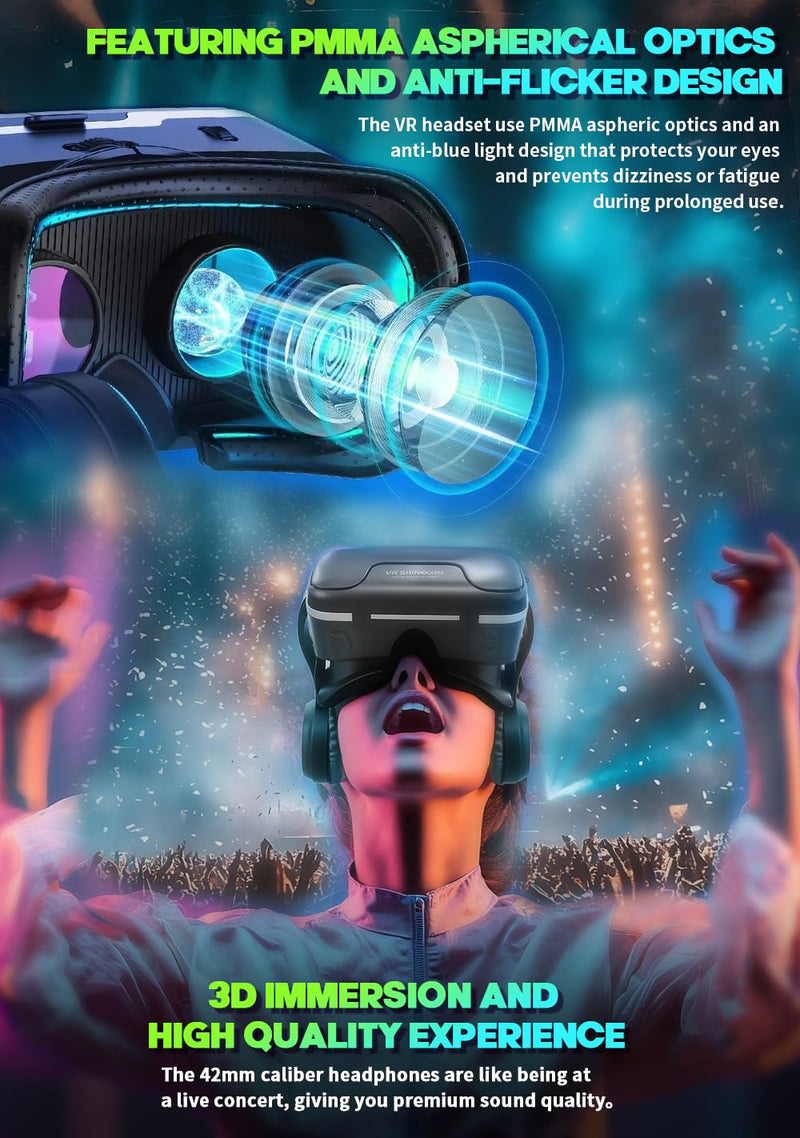 VR Headset with Built-in Headphones, 120° FOV Aspheric Lenses for 4.7-7" Smartphones, 3D VR Glasses Adjustable Focus/IPD, Compatible iPhone Android