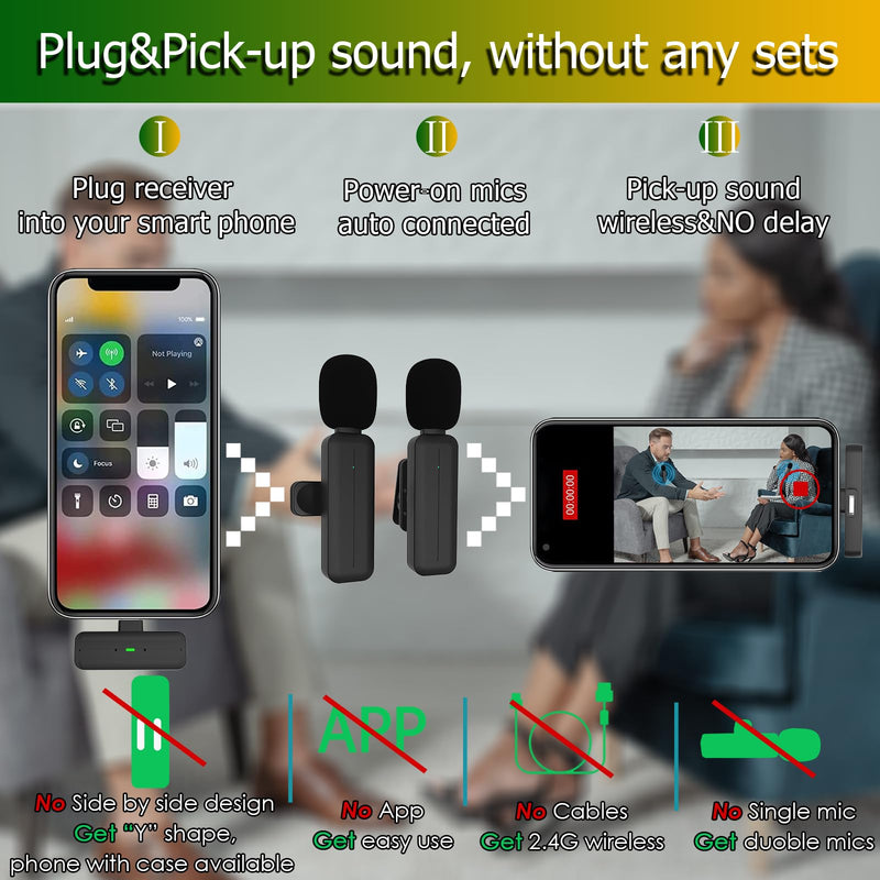 [AUSTRALIA] - 2 Pack Wireless Mini Lavalier Lapel Microphone for iPhone,Android Phone(2 in 1) - 80ft Cordless Clip on Dual Mics with Noise Reduction 5H Working Time for Video Recording Vlogging, YouTube, Interview Black 