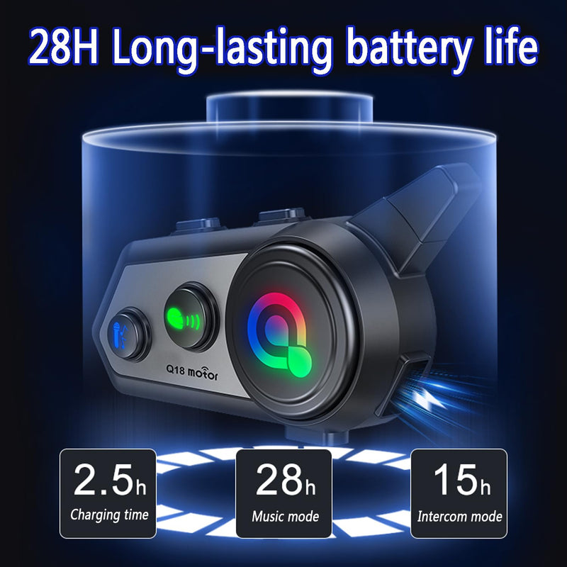 Q18 Motorcycle Bluetooth Intercom 1000m 2 Riders, 1 Pack | 2 Riders 1000m Motorcycle Intercom, Music Sharing, HiFi Stereo Sound, CVC Noise Reduction, Automatic Response Q18-1Pack