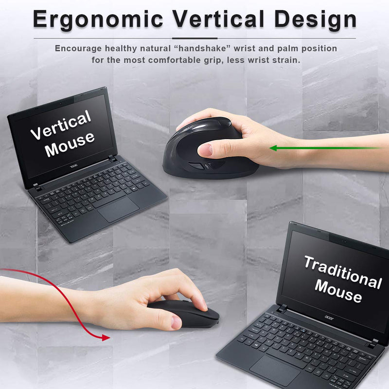 Ergonomic Wireless Mouse, Wireless Vertical Mouse 2.4GHz Optical Mice with Adjustable DPI 800/1200/1600 for Small Hands,Black Black