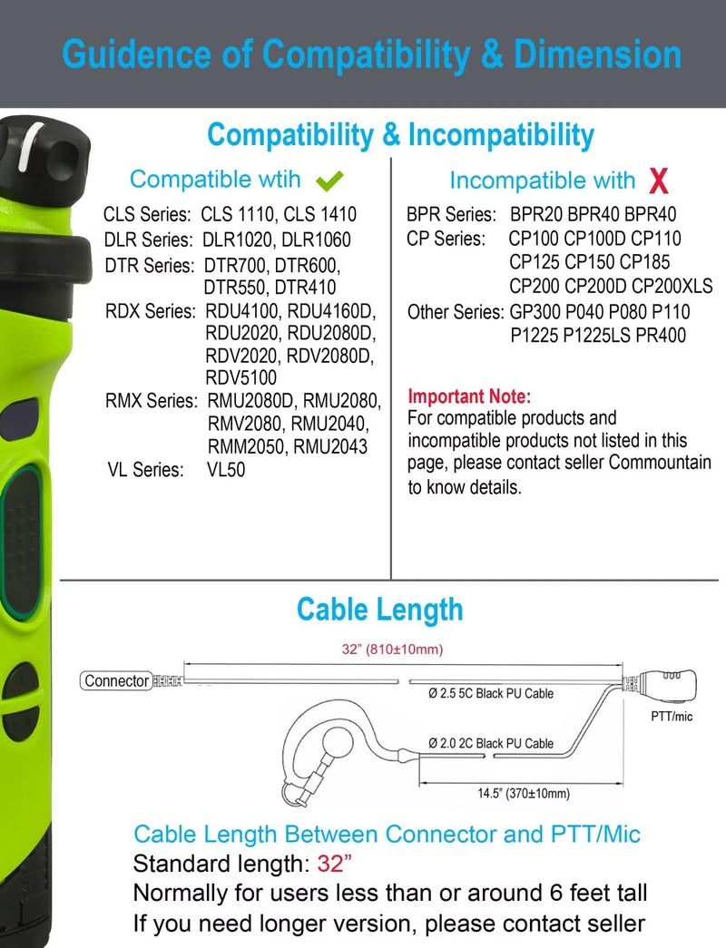 commountain CLS1410 CLS1110 Earpiece with PTT/Mic for Motorola Walkie Talkies Radios DTR550 DTR700 RDU4100 RDU4160D RMU2040 RMU2080D RMU2080 DLR1020, CLS 1410 CLS 1110, G Shape Headset, 2 Pin