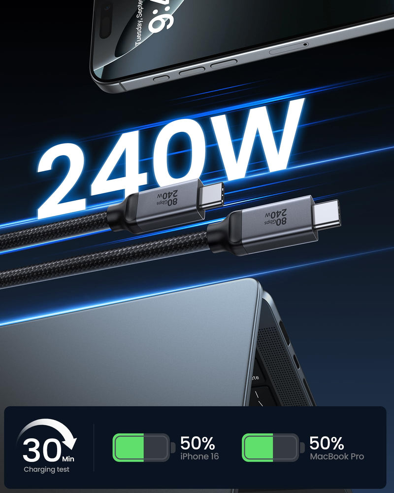 Silkland USB 4 for Thunderbolt 5 Cable 6.6FT/2M, 80Gbps 240W, Dual 8K@60Hz | with 120Gbps Bandwidth, Braided USB C Video Cable Compatible for Thunderbolt 4/5, SSD, MacBook, iPhone17/16 6.6 Feet