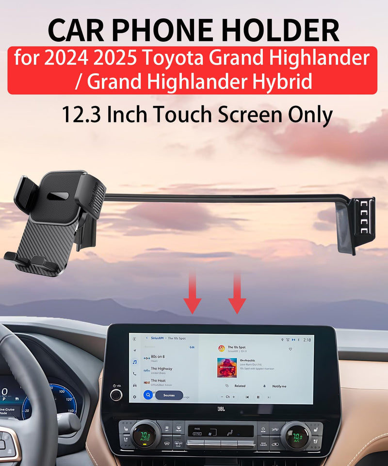 Car Phone Holder for 2024-2025 Toyota Grand Highlander/Grand Highlander Hybrid Accessories 12.3 Inch Screen Fixed Clip Adjustable 360 Degree Rotation Cell Phone Mount Hands Free Clamp Cradle