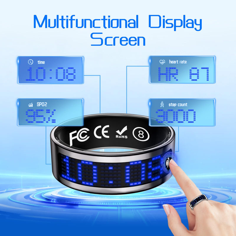 Smart Ring for Women & Men, Fitness & Health Tracker with Display Screen, IP68 Waterproof Smart Rings for Health Monitoring, Fitness Tracker Ring with Call Notification, No App Fe Black 10#