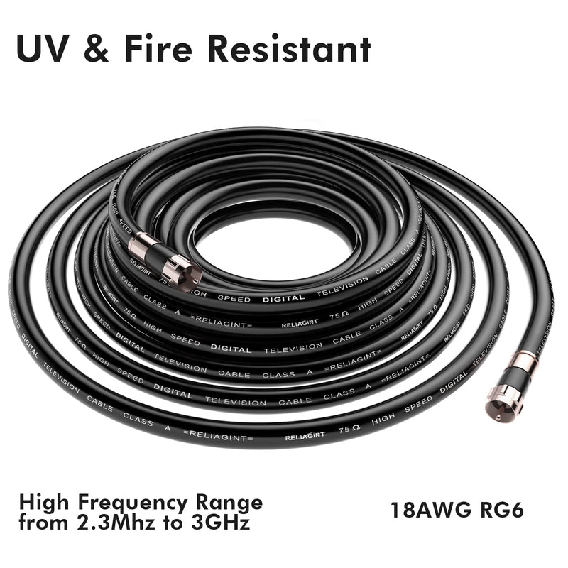 50FT RG6 Coaxial Cable with F Connector, F81 Female Extender Adapter, Low Loss High Speed Coax Cable Cord Extender for HD TV, Dish, Satellite, Antenna, TV Cable (50Feet, Black) 50 FT