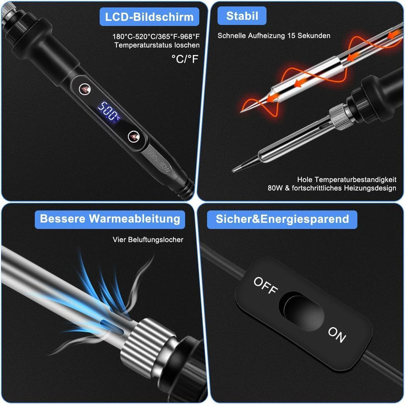[AUSTRALIA] - 80 W LCD Soldering Iron Set, Soldering Iron, Soldering Set, Temperature Adjustable 180-520 °C Soldering Iron Set with On/Off Switch, Soldering Iron with 5 Tips, 50 g Soldering Wire, Desoldering Pump 80w 