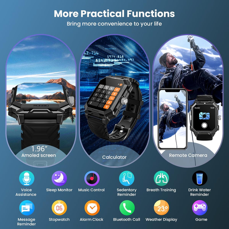 Rogbid Military Smart Watch for Men | Answer/Dial Call, 680mAh Battery, IP69 Waterproof, Blood Pressure Heart Rate, Android Phones Compatible, Fitness Tracker Decepticon-Black