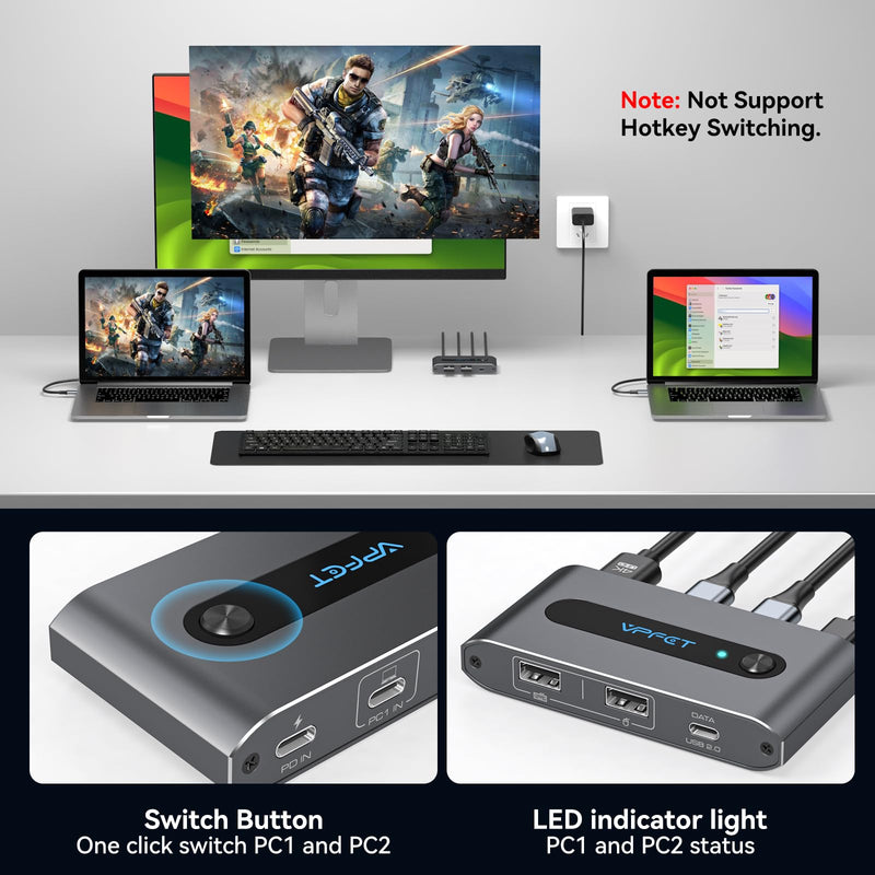 USB C KVM Switch 1 Monitors 2 Laptop 4K@60Hz HDMI KVM Switch 2 Port Share 1 Monitor Keyboard Mouse Hard Drives Printer Support 100W Charging for Laptop Gray