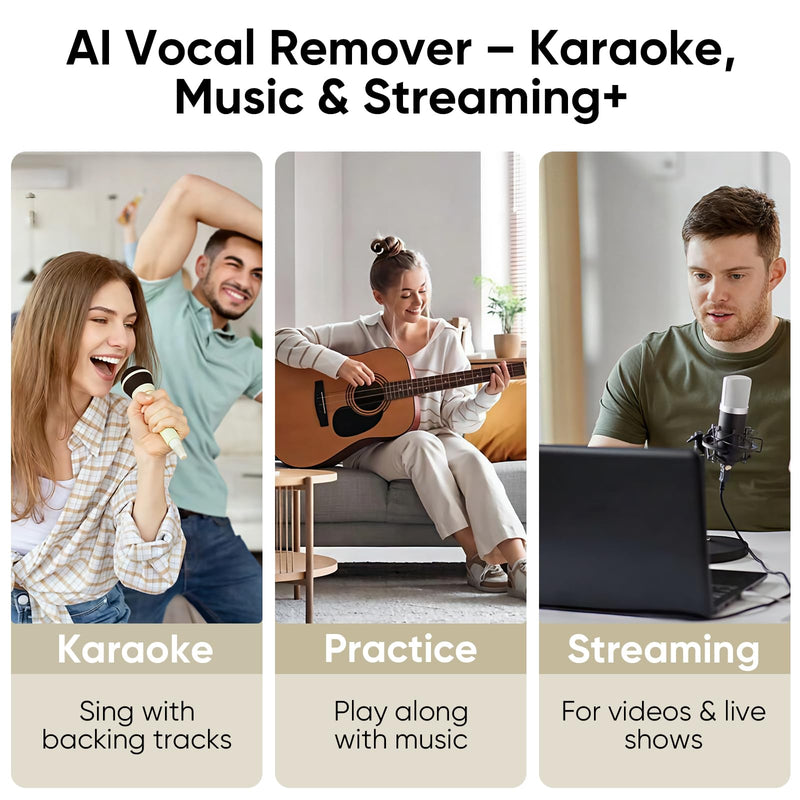 AI Vocal Remover with Bluetooth, Real-Time Voice Elimination with App Control for Party Karaoke, Home Karaoke System & Portable Karaoke Machine, 6.35mm/3.5mm Jacks, Type-C Rechargeable