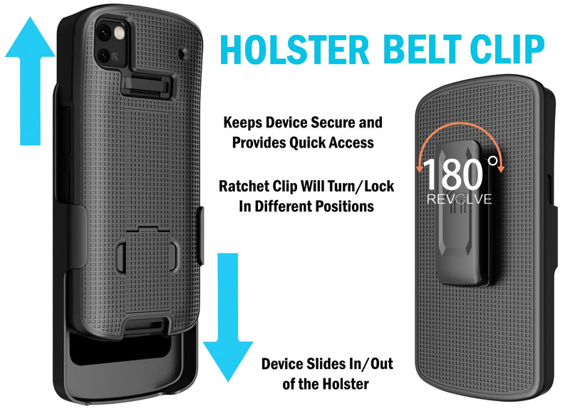 Case + Hand Strap + Belt Clip Combo for Zebra TC53 TC58 Mobile Computer Scanner, Nakedcellphone Slim Hard Shell Cover with Kickstand and [Rotating/Ratchet] Belt Hip Holster Holder Combo - Black
