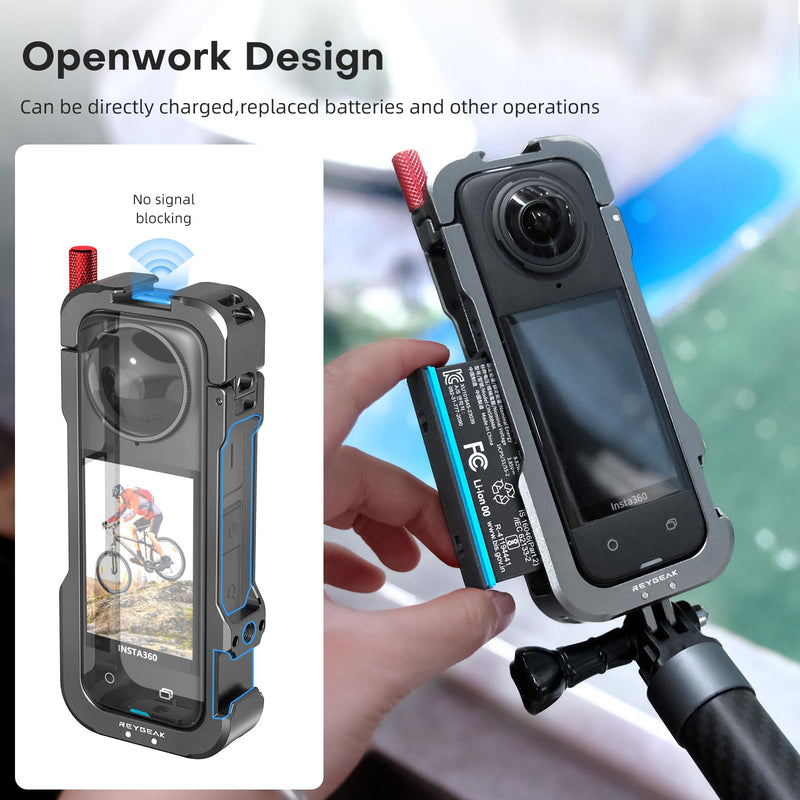 REYGEAK for insta-360 X4 Case, Aluminium Utility Frame for Insta360 X4,Protective Cage with Silicone Lens Cover,Cold Shoe Interface with 1/4" Threads Cold Shoe Mount Folding Fingers