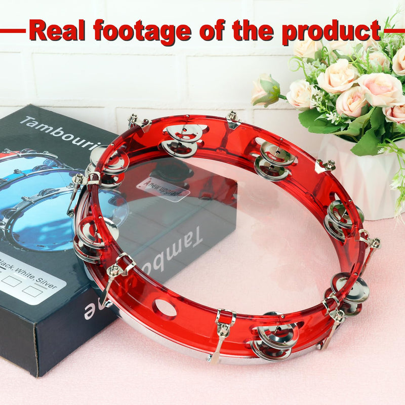 10 Inch Red Adjustable Tambourine, Musical Percussion Instrument Drum with Double Metal Jingles, Hand Held Tambourine for Adults, Church, Birthday, Party, Live Show