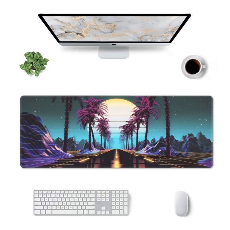 Retrowave Synthwave Large Gaming Mouse Pad XL Desk Mat Long Extended Mousepad Nonslip Rubber Base Stitched Edges Office Desktop Decor Mice Pads 31.5'' X 11.8''