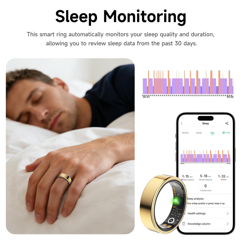 Smart Ring for Women Men, Health Tracker, Fitness Ring (Gold, 8#) | Sleep Monitor, Heart Rate, Blood Oxygen Step Counter, IP68 Waterproof Fit Ring No Subscription, iOS & Android Compatible Gold 8#