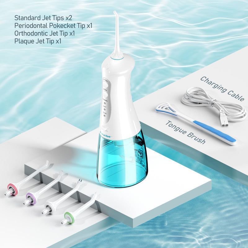 morpilot Portable Cordless Professional 3 Modes Oral Irrigator with 5 Nozzles 1 Tongue Cleaner IPX7 Waterproof Teeth Cleaning 300ml for Travel Home Use