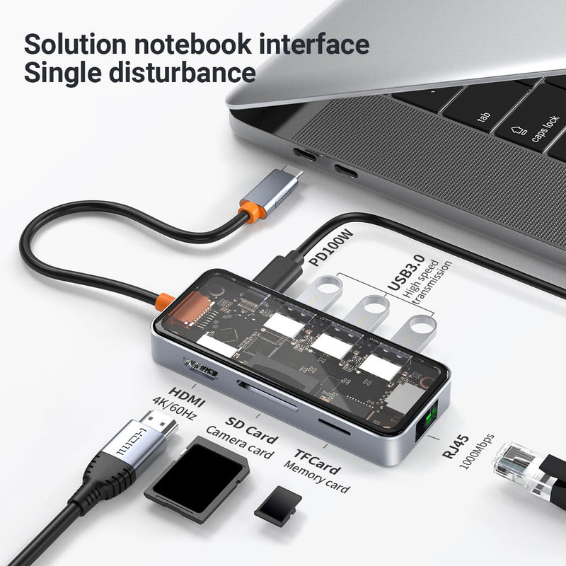 DroiX NT8 Clear USB Hub with Ultra-Fast RJ45 Gigabit Ethernet, 4K HDMI 2.0 Output, Rapid 100W PD Charging, Versatile 3X USB Type-A 3.0 Ports, Dual Micro/SD Card Readers, Sleek Design.
