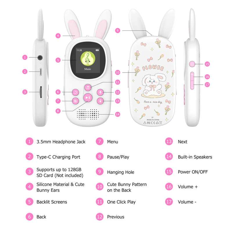 Mp3 Player for Kids, Cute Bunny Kids Mp3 Player with Bluetooth, 32GB Mp3 Players with Speaker, FM Radio, Recordings, Alarm, Pedometer, Stopwatch, Support up to 128GB