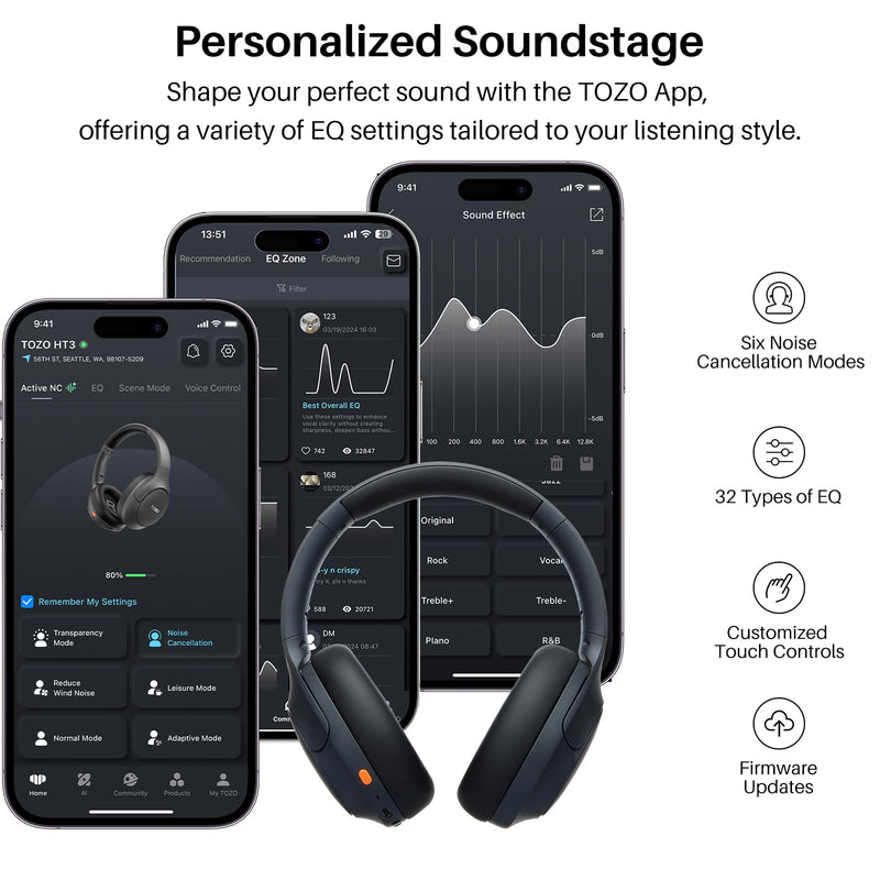 [AUSTRALIA] - TOZO HT3 Hybrid Noise Cancelling Headphones, 90H Battery Life Wireless Over Ear Bluetooth 6.0 Foldable Headset, AI Voice Assistant with 5 Mics, Connect 2 Devices and Hi-Res Sound, 32 EQ Audio Presets Titanium Black Headphones Only 
