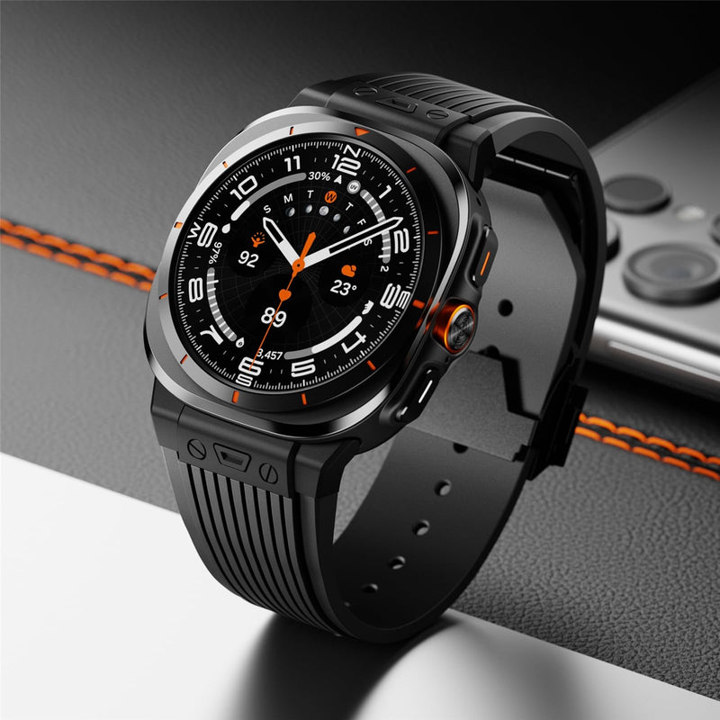 Silicone Bands for Samsung Galaxy Watch Ultra 47mm Band, Rugged Luxury Sport Strap for Men, with Metal Connectors & Foldable Buckle & Pin Buckle (Starlight Black)