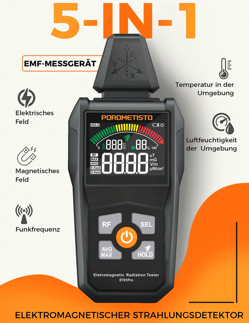 5-in-1 EMF Meter ET01PRO, Simultaneous Display of EF/MF/RF/TEM/HUM, Electrosmog Meter with Maximum, Minimum Value Display and Data Storage, Suitable for Office, Home and Ghost Hunting