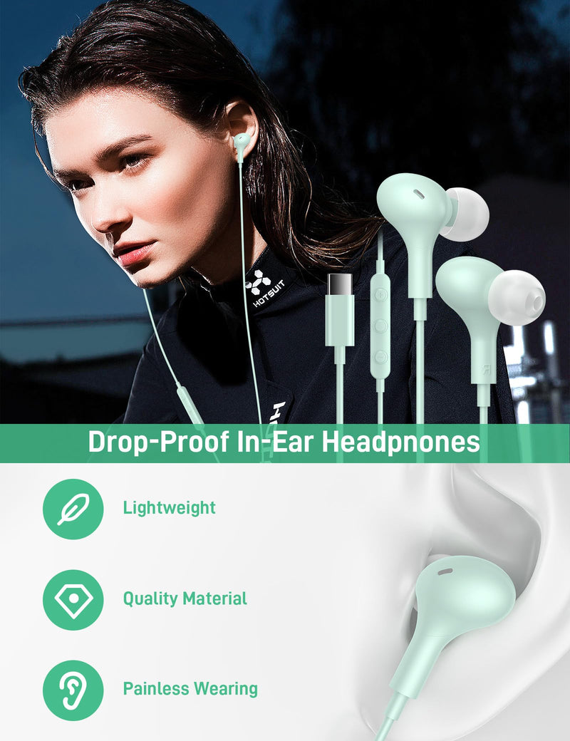USB C Headphones for Apple iPhone 15 Plus iPad/Google Pixel 8 8A 7 Pro 7A/ Samsung Galaxy S24 S23 S22 S21 Ultra Android Earbud Wired Type C Earphones Magnetic Small Ear Buds with Microphone Mint