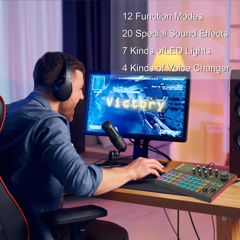 Docooler Professional Audio Mixer, K300 Live Sound Card and Audio with Multiple DJ Mixer Effects, 4 Voice Changes Live Sound Card with Cool 7 LED Light, Prefect for Podcasting/Gaming/Recording/PC