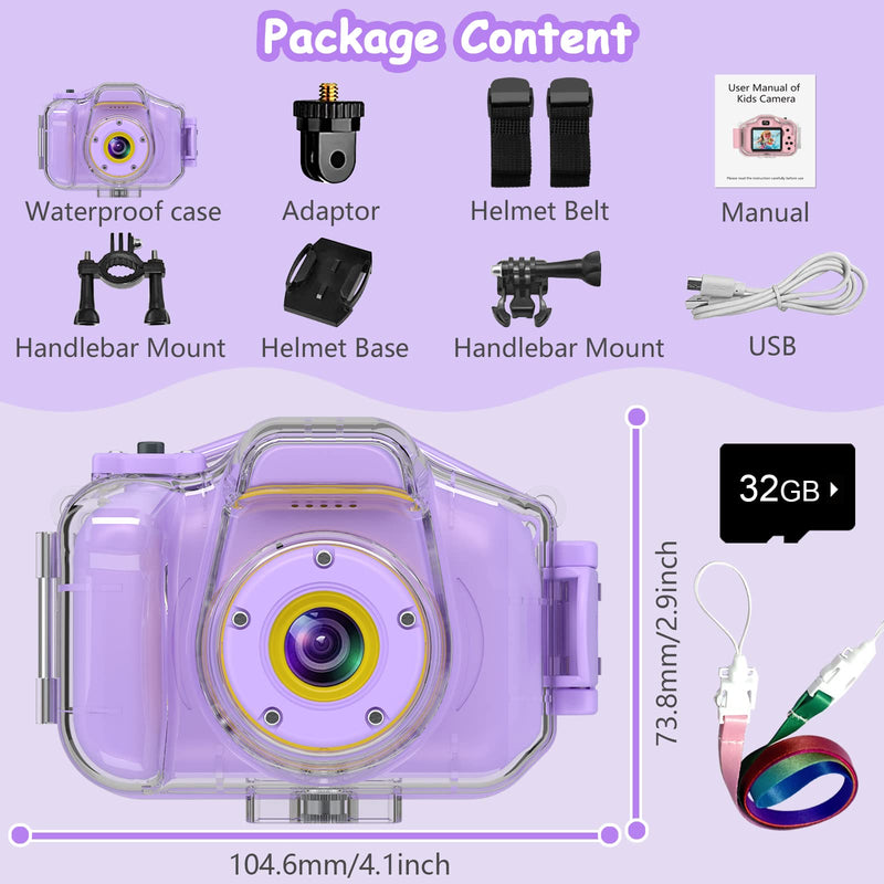 Kids Waterproof Camera, Christmas Birthday Gifts for Boys Girls Toys 3-12 Year Old, Underwater Mini Children HD Digital Action Camcorder, 2 Inch IPS Screen with 32GB Card (Lavender) Lavender