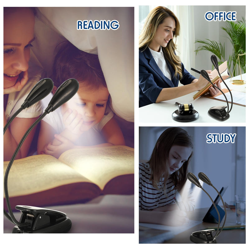 6 Pcs Music Stand Clip on Reading Light USB and AAA Battery Operated LED Book Lights in Bed 3 Brightness Levels Ideal for Musician, Piano Player, Kids, AAA Battery Not Included (Dual Arms) Dual Arms