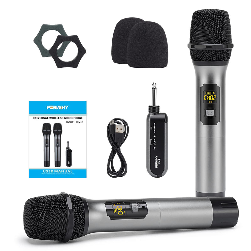 Wireless Microphone System, UHF All Metal Cordless Dual Handheld Dynamic Mic Set with Rechargeable Receiver, for Karaoke Party, Amplifier, PA System, Singing Machine, Church, Wedding, 200ft
