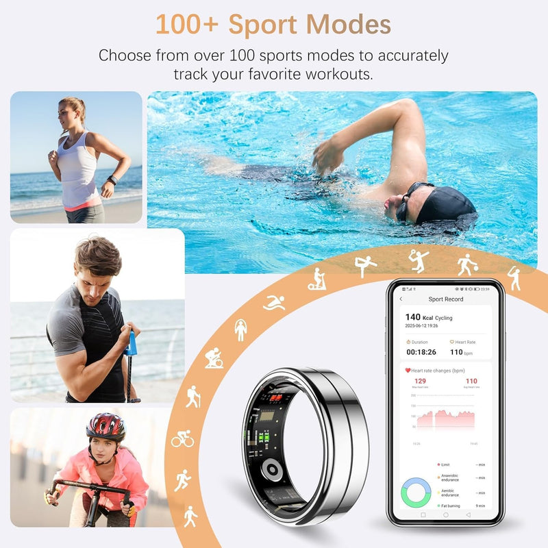 Fit Ring for Women Men, Ring Health Tracker with Heart Rate,Blood Oxygen,Heart Rate Variability, Stress, Sleep Monitor, Step Counter, Smart Ring for iPhone & Android, No Subscription Fee (Silver, 9)